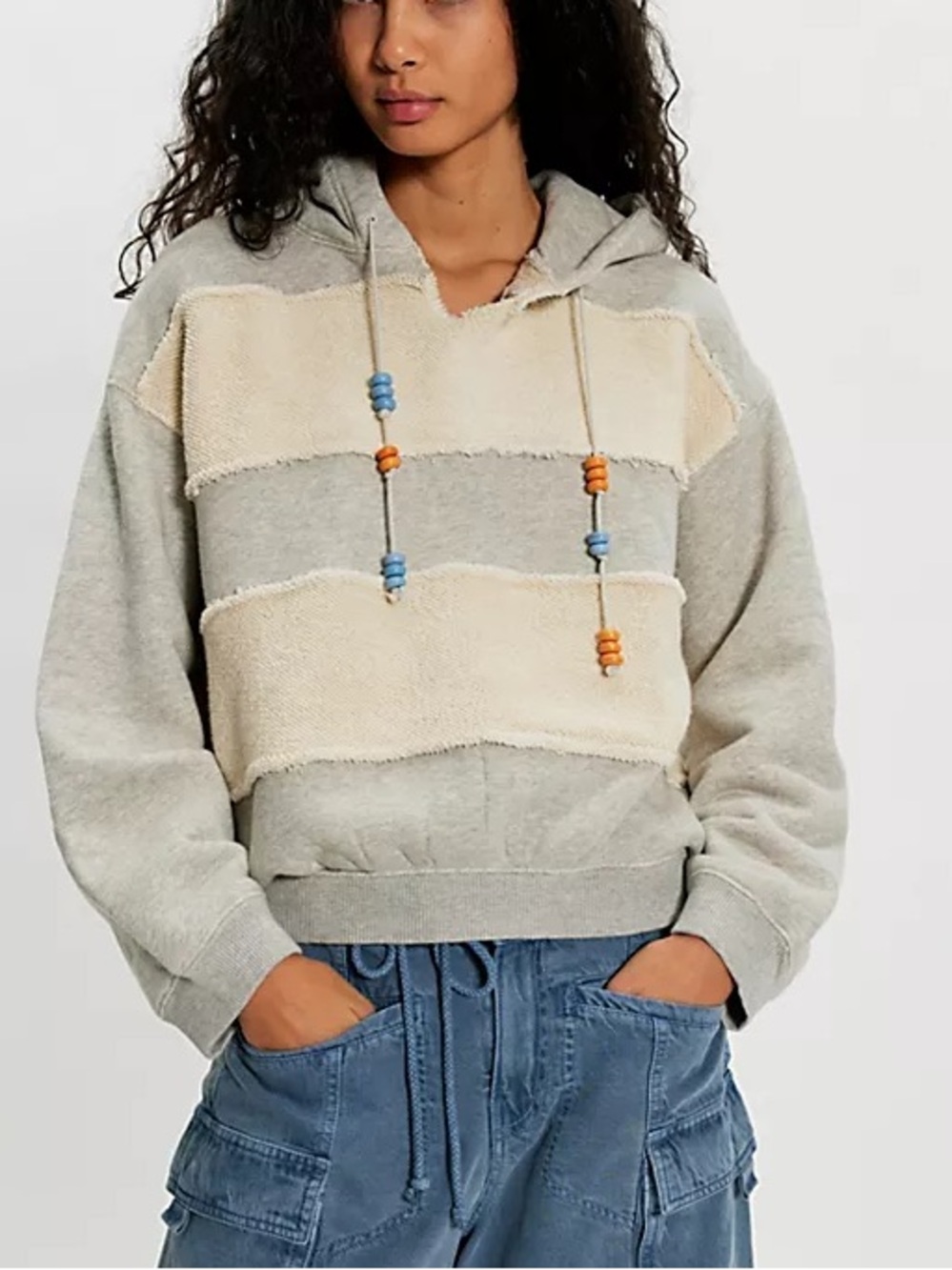 Free People Camp Crush Cropped French Terry Hoodie Gray Cream XL